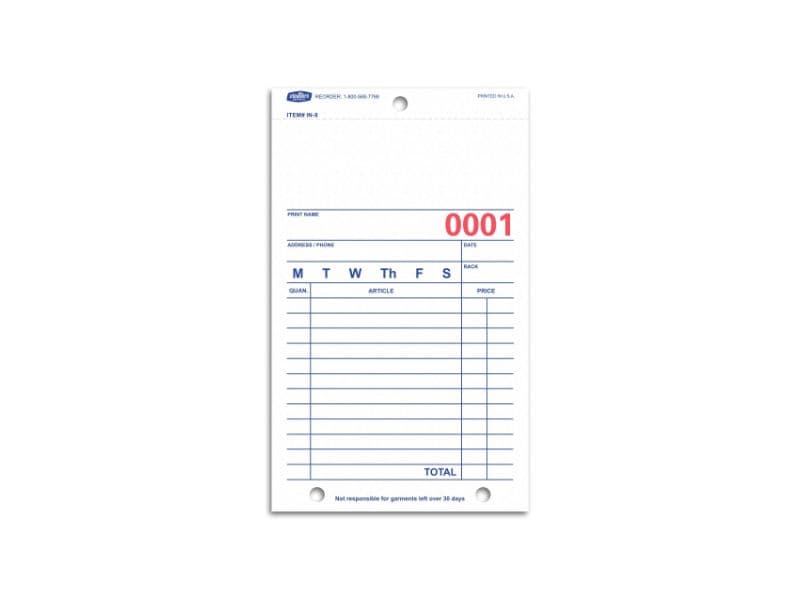 Carbonless dry cleaning invoices