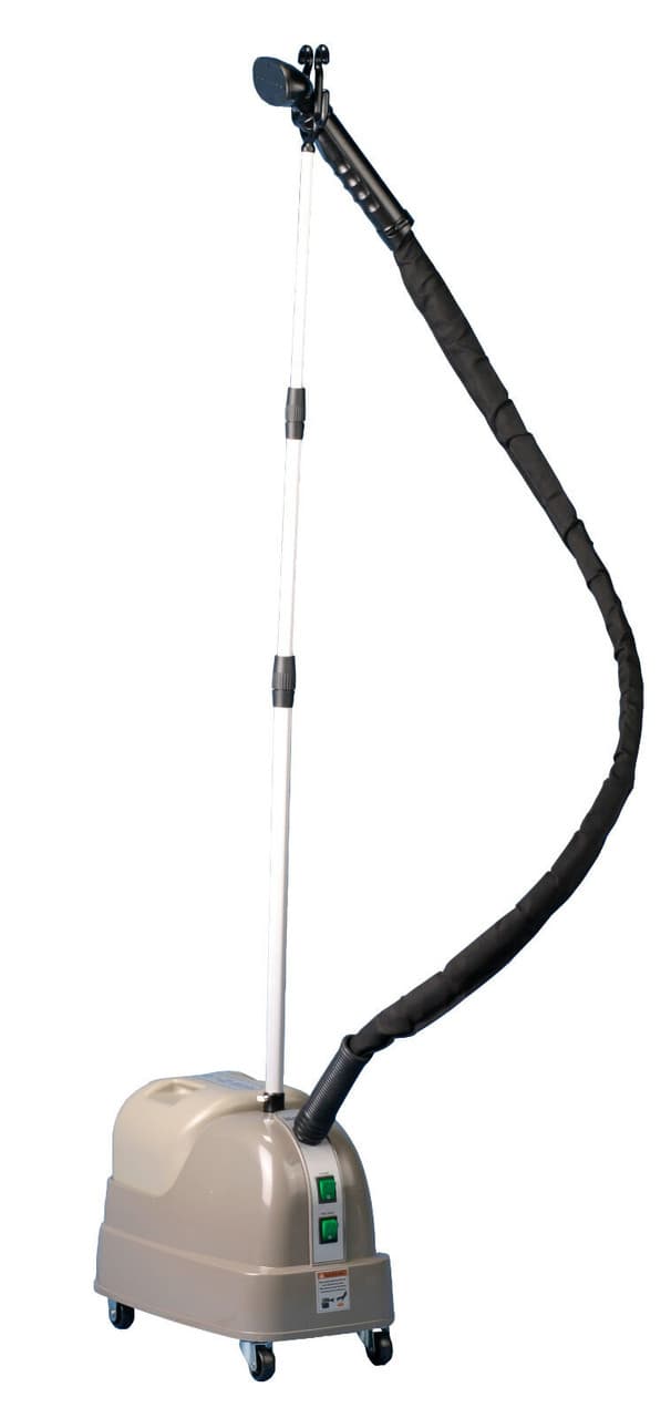 Silver Star SR5000 floor-standing professional garment steamer, side view, with the hose and hanger arm